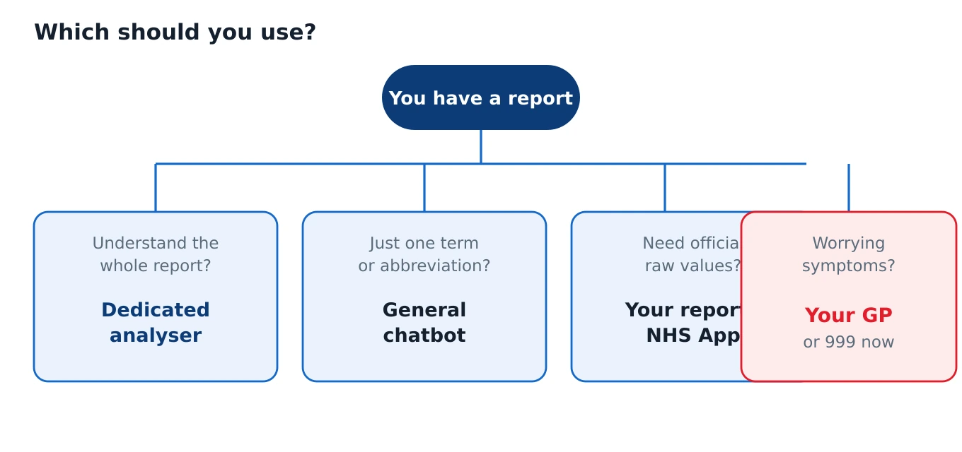 Decision flow: start with your report, then branch by what you want to do, to a dedicated analyser, a general chatbot, your own report, or your GP now