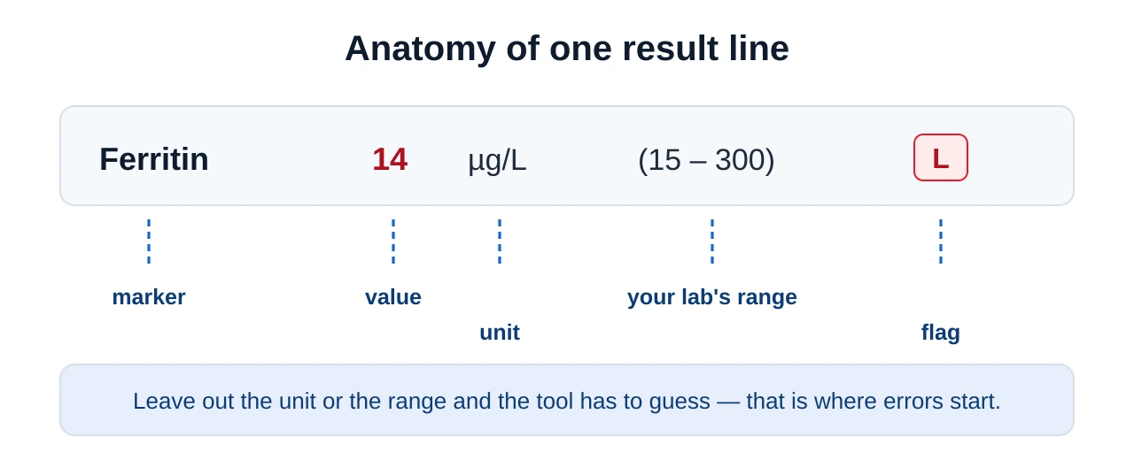 Anatomy of a single result line, labelling the marker name, the value, the unit, the reference range and the high or low flag