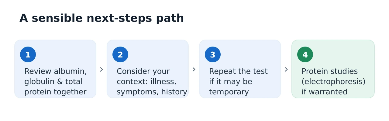 Four step flow showing what happens after an abnormal A/G ratio: review the three proteins, consider your context, repeat if needed, then arrange protein studies such as electrophoresis if a paraprotein is suspected