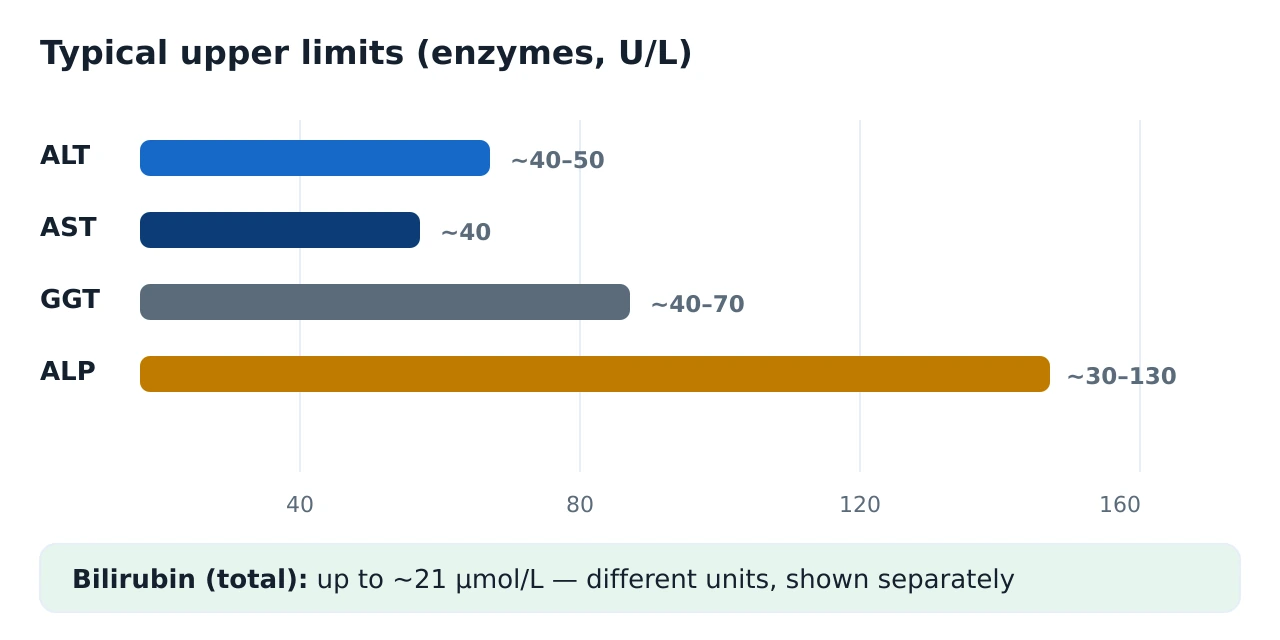 Horizontal bar chart of typical adult upper reference limits for ALT, AST, GGT and ALP in units per litre, with a separate chip for total bilirubin