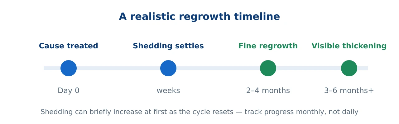 Timeline showing that after the cause is treated, excess shedding settles within weeks, regrowth appears over months, and visible thickening takes three to six months or more
