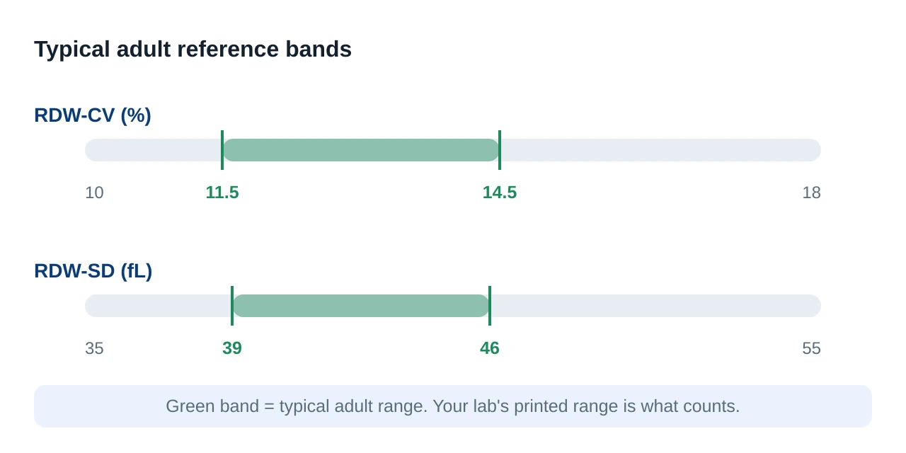 Reference range bars for RDW-CV in per cent and RDW-SD in femtolitres, each showing the typical adult normal band highlighted in green