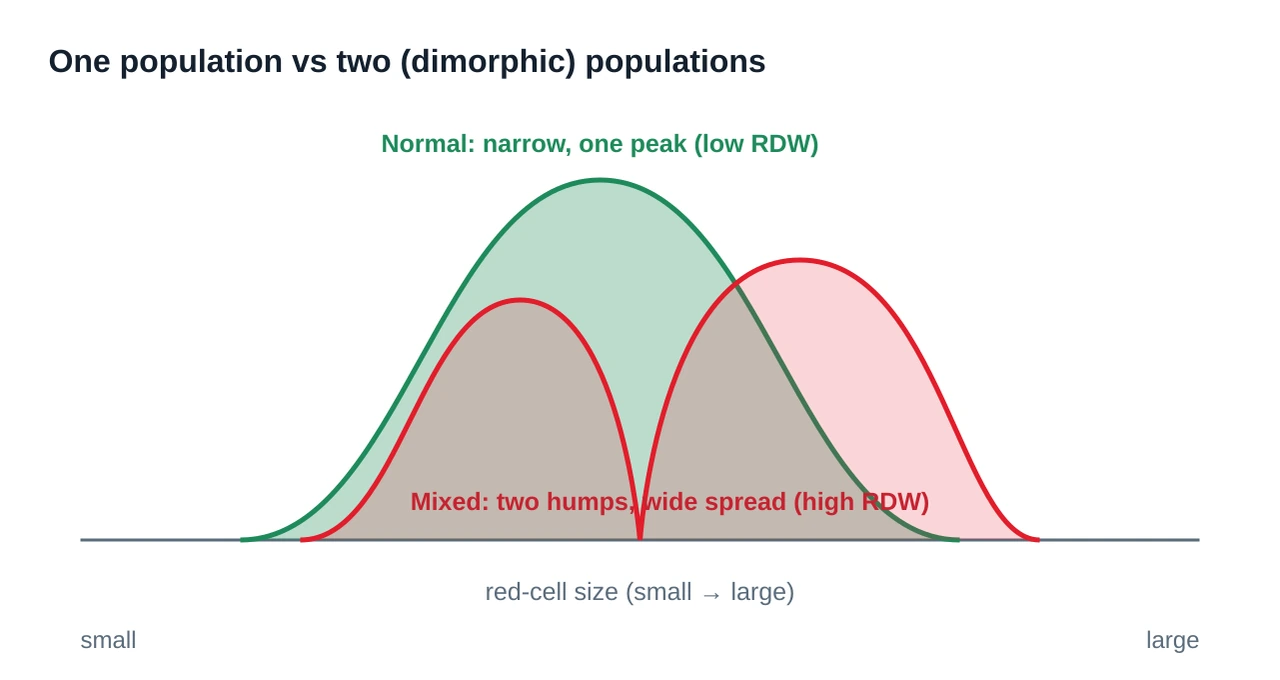 A distribution chart contrasting a single normal peak of red-cell sizes with a two-humped dimorphic pattern seen in mixed anaemia